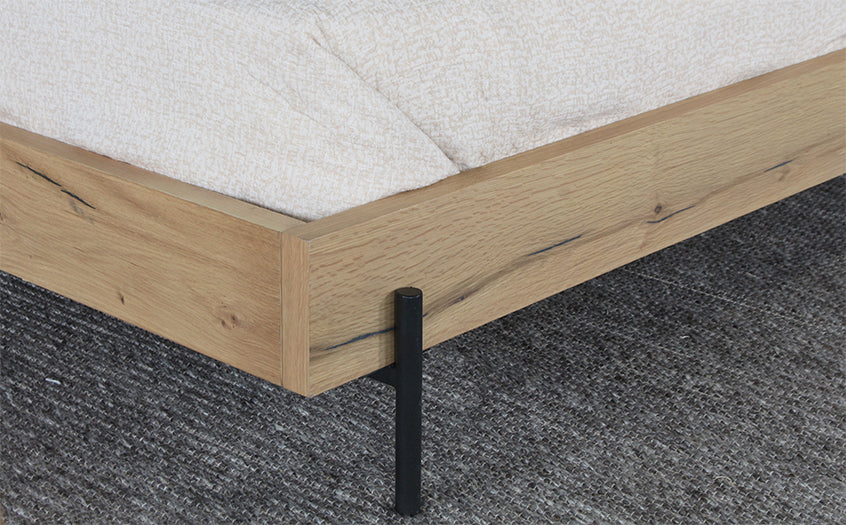 Light Oak Queen Plank Bed With Gunmetal Front Legs