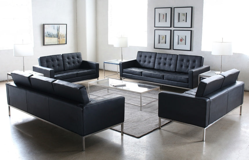 LS86 Black Leather Florence Knoll Style Loveseat