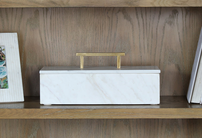 BOX39 - White Marble Box And Lid With Metal Handle