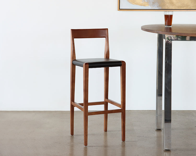 Walnut and Black Leather Bar Stool