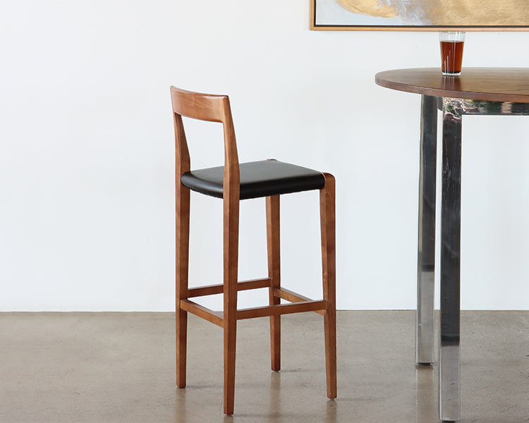 Walnut and Black Leather Bar Stool
