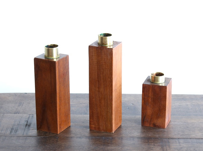Set of 3 Danish Modern Wood Block Candle Holders