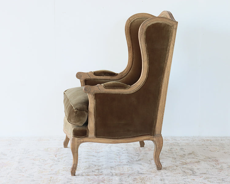 Olive Velvet Wing Chair with Weathered Wood Frame