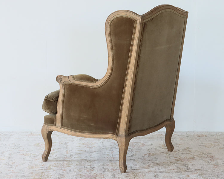 Olive Velvet Wing Chair with Weathered Wood Frame