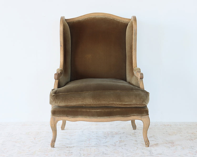 Olive Velvet Wing Chair with Weathered Wood Frame