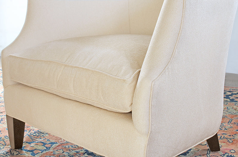 Barrel Back Club Chair in Linato Cream with Black Walnut Legs