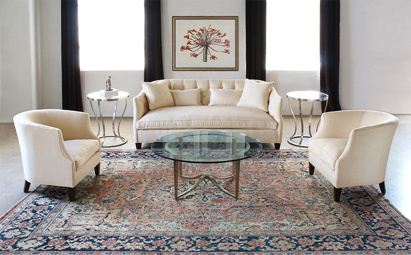Curved Sofa with Tufted Back in Linato Cream
