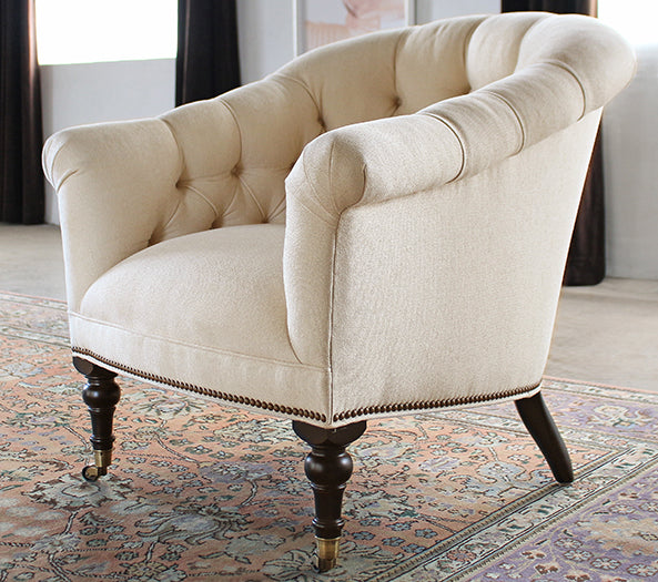 Tufted Club Chair in Linato Cream with Brass Nailhead Trim