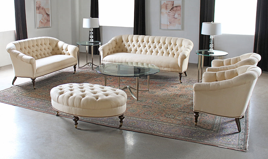 Tufted Sofa in Linato Cream with Brass Nailhead Trim