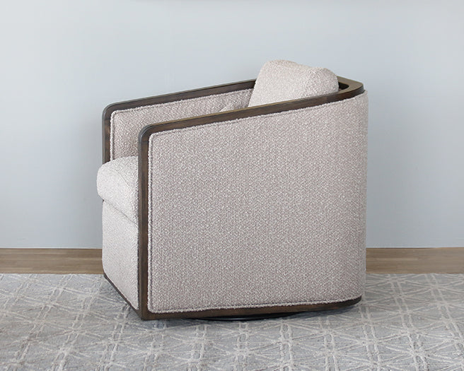Off White Boucle Swivel Chair With Dark Oak Arms