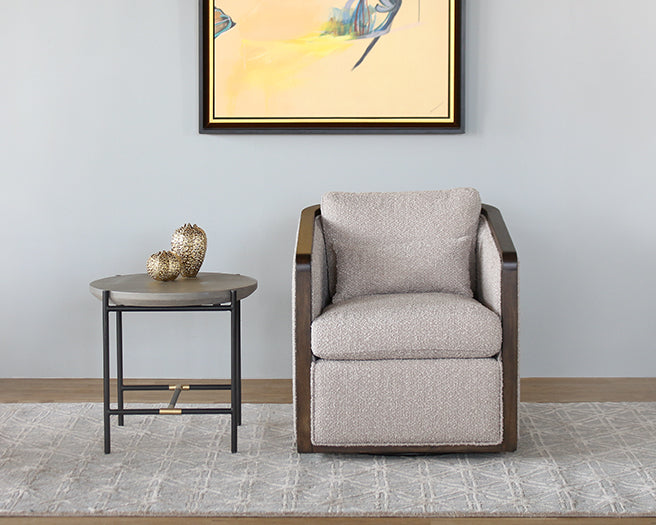 Off White Boucle Swivel Chair With Dark Oak Arms