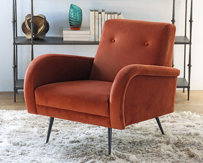 Rust Velvet Club Chair with Matte Black Legs — Bridge Furniture & Props NY