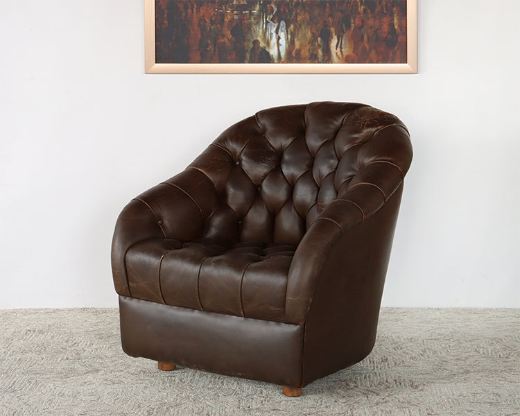 Vintage Tufted Leather Club Chair w/Oak Feet