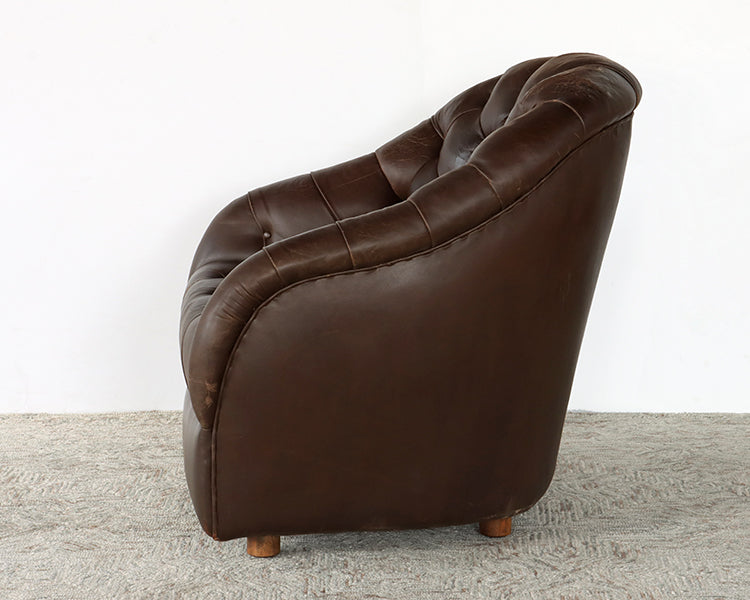 Vintage Tufted Leather Club Chair w/Oak Feet