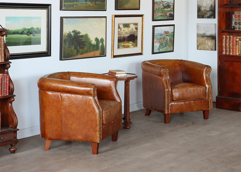 Distressed Brown Leather Deco Style Club Chair