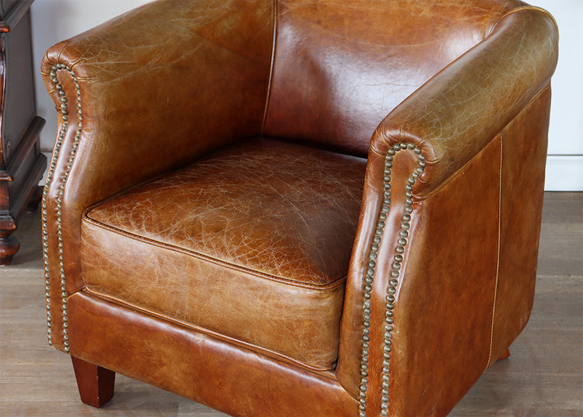 Distressed Brown Leather Deco Style Club Chair