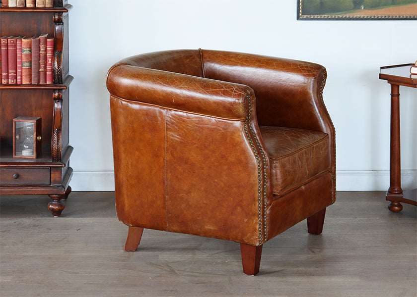 Distressed Brown Leather Deco Style Club Chair