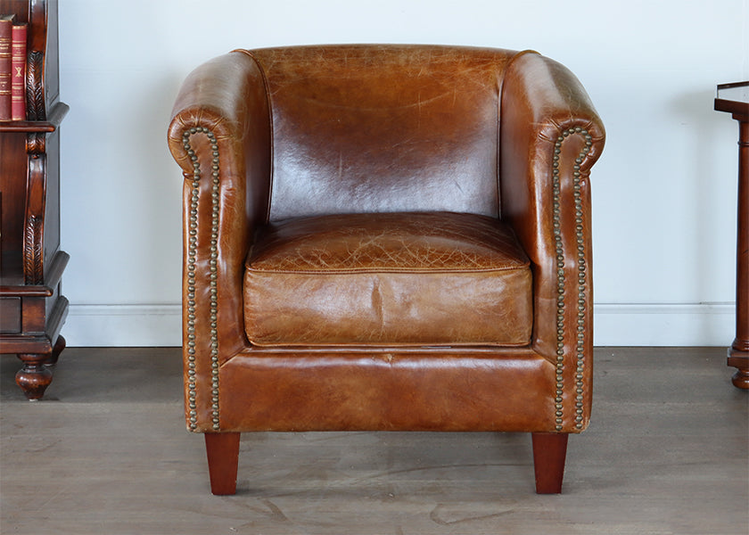 Distressed Brown Leather Deco Style Club Chair