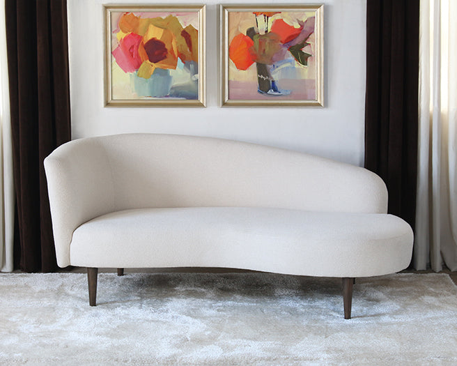 Curved Back Ivory Boucle Chaise W/Tapered Legs