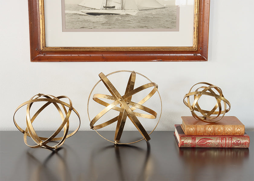 Set of 3 Antiqued Gold Banded Spheres - Cleared