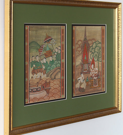 Two Antique Thai Paintings In Gold Frame, 19th Century 25W x 18.5H