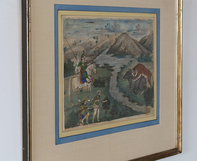 Mughal School Tiger Hunt Gouache Painting, 18th/19th Century 20W x 17H