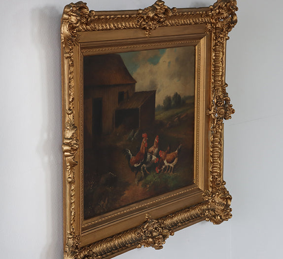 Rooster and Hen Landscape, Oil on Panel, 19th Century 29W x 25H