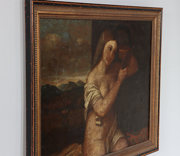 Old Master Oil Painting of Woman and Mirror 37.5W x 29.5H