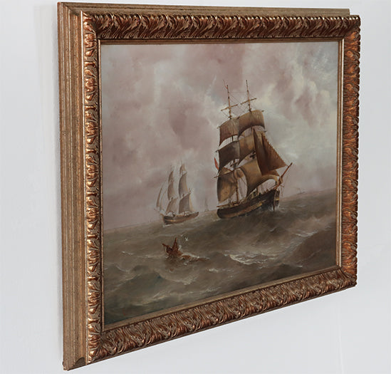 Ships in a Storm, Oil on Canvas, 18/19th Century 35W x 25H