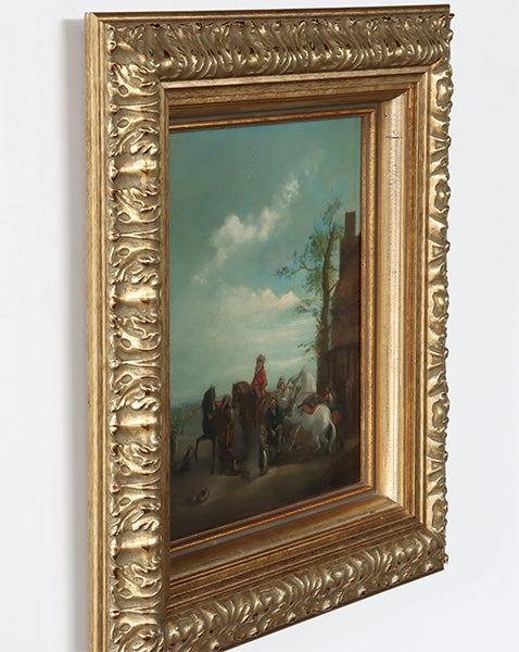 Dutch School, Oil on Board Hunt Scene, 18th Century 24W x 27H