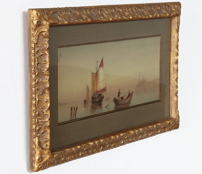 Gondola Watercolor Under Glass, Late 19th Century 25.5W X 15H