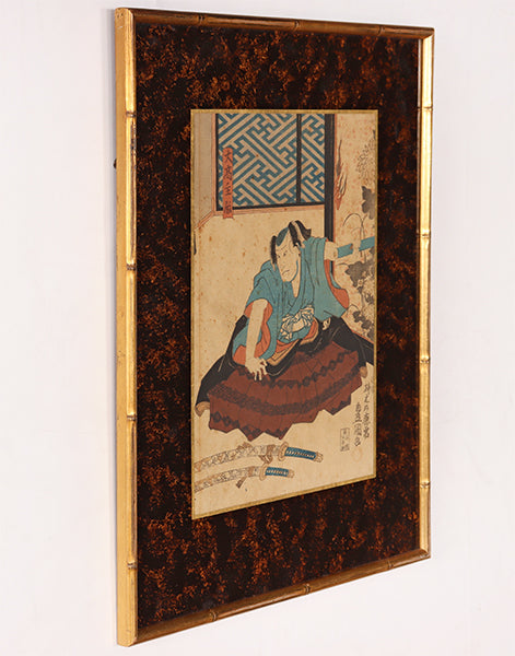 Antique Japanese Woodblock in Gold Bamboo Frame 16W x 20H - Cleared Art