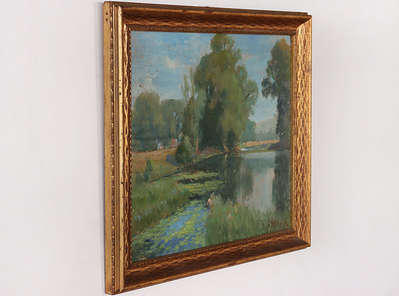 Early 1900s Landscape Oil Painting Summer Scene 18W x 16H - Cleared Art