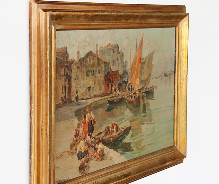Antique Italian Impressionist Coastal Scene 33W x 24H - Cleared Art