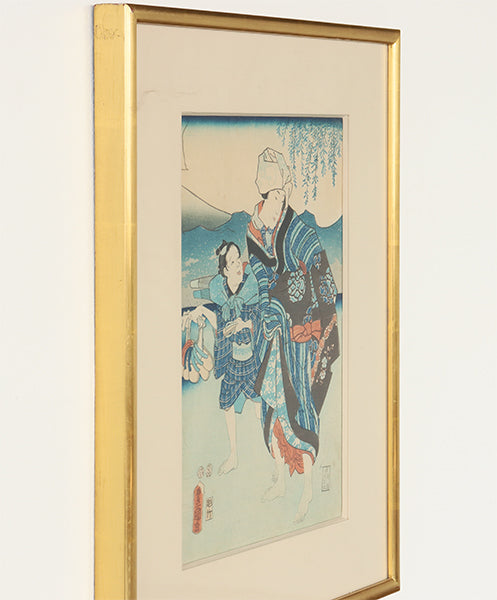 Antique Japanese Woodblock Two Figure in Landscape 16W x 20H - Cleared Art