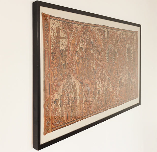 Antique Balinese Tapestry in Black Wooden Frame 89W x 38.5H - Cleared Art