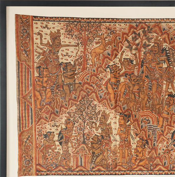 Antique Balinese Tapestry in Black Wooden Frame 89W x 38.5H - Cleared Art