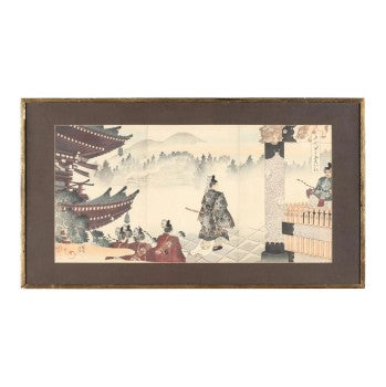 Antique Japanese Woodblock Shrine Scene 19th c. 34.75W x 19.5H