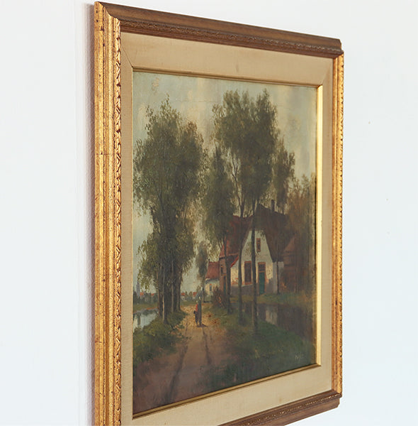 Village Landscape Scene Oil on Canvas, Early 20th Century, 28W x 22H - Cleared Art