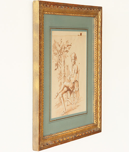 Antique European Drawing of Figure on Chair 16.5W x 19H - Cleared Art