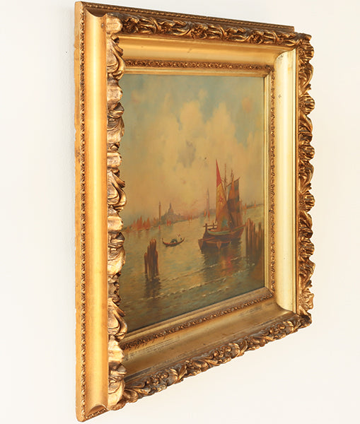 Large Antique Venice at Sunset Impressionist Oil, 34W x 30H - Cleared Art