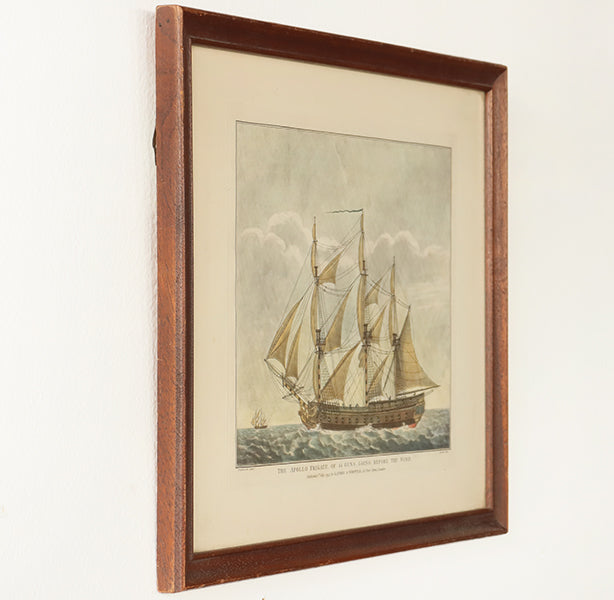 18th Century Framed Engraving Frigate at Sea 15.75W x 12H - Cleared
