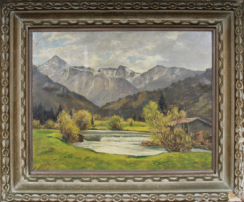 Antique American Mountain Landscape Oil Painting