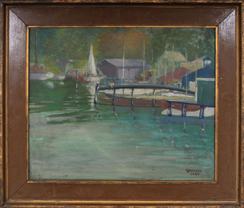 Antique Seascape Sail Boat Dock Oil Painting