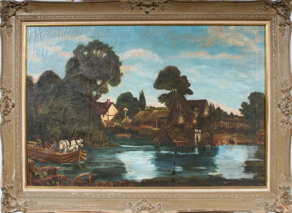 Antique European Farmland Oil Painting