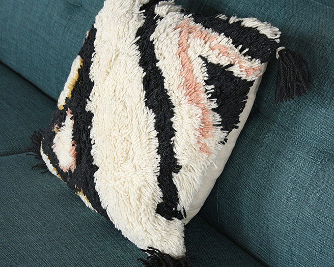 Black And White Tufted Tassel Pillow - Cleared