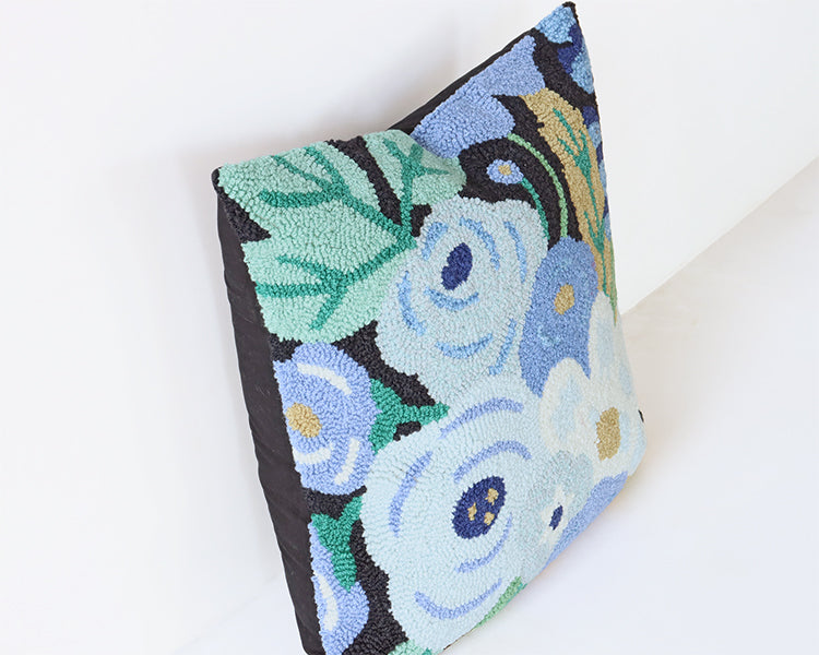 Hooked Black and Blue Floral Pillow - Cleared