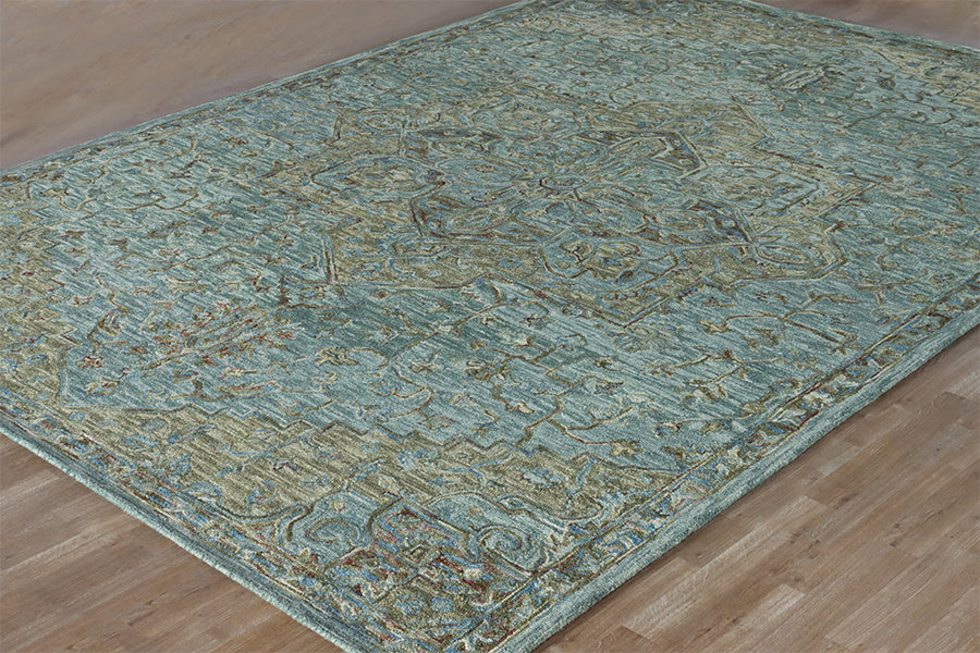 9'3" X 13' Green & Tobacco Wool Hooked Rug - Cleared