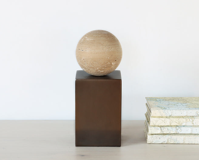 Travertine Ball w/ Steel Pedestal Sculpture - Cleared