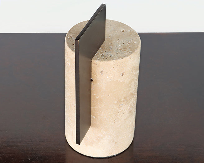 Travertine Column Sculpture w/ Steel Slab - Cleared